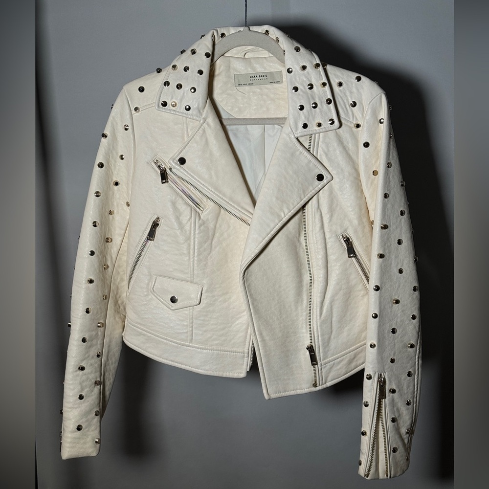 Zara White Studded Pleather Jacket, Size S